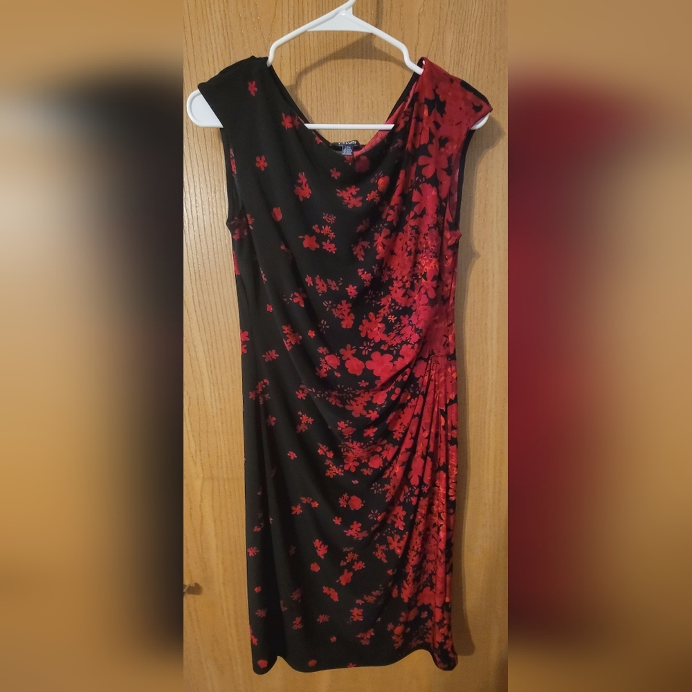Chaps Black Maroon Sleeveless Side Ruched Stretch Jersey Sheath Dress Size L